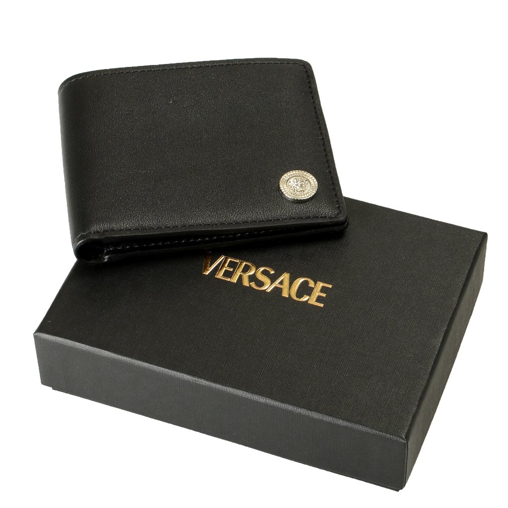 Versace Black Textured 100% Leather Silver Medusa Head Bifold Wallet